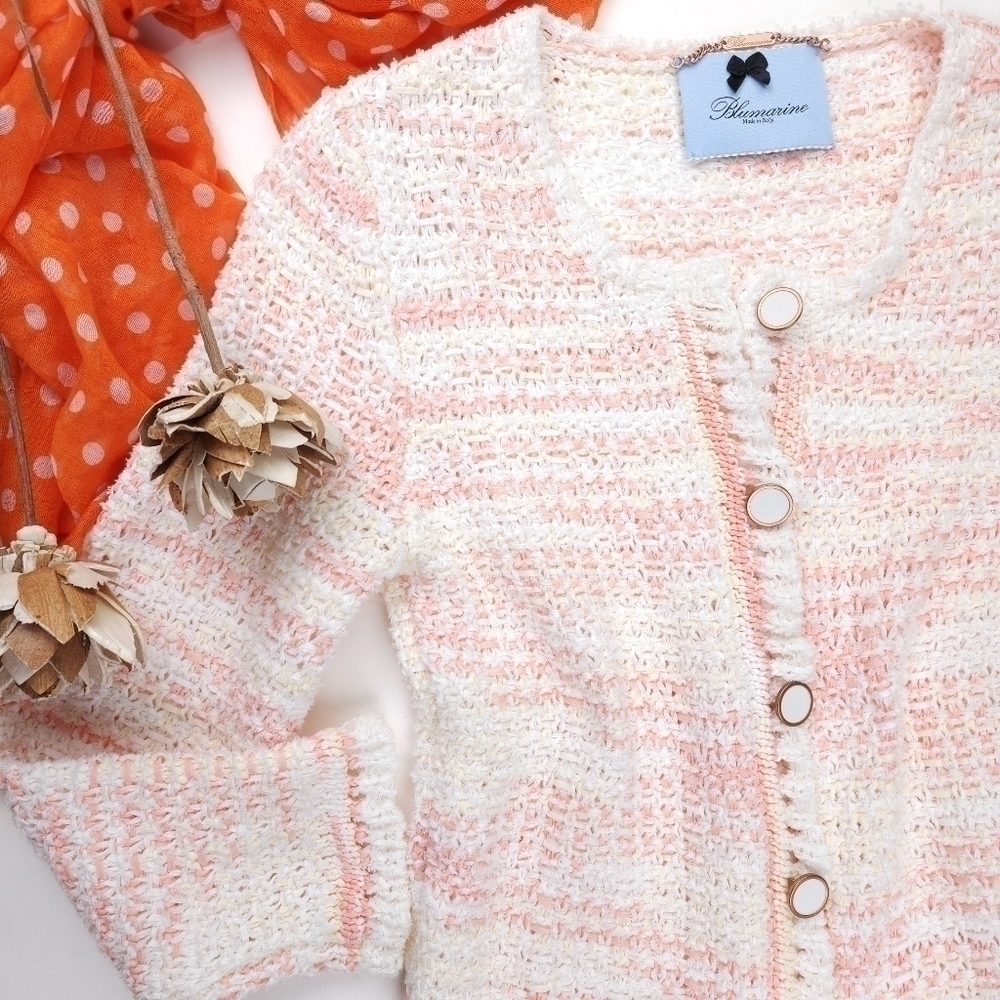 New Blumarine Pink White Yellow Tweed Weave Cardigan Jacket Sz 6 - Picture 4 of 16